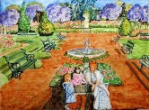 Louise Boyer and her daughters at Palermo Gardens in 1907 Watercolor