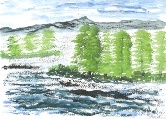 Lake, Trees and Hills #85 Watercolor
