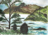 Trees, Lake and Mountains #87 Watercolor