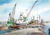 Barges, Boats and Cranes Watercolor