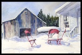 Red Chairs in Snow Watercolor