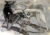 Dogs Wrestling in Shades of Gray Oil