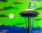 SPACE NEEDLE PAINTING BLUE GREEN BACKGROUND Acrylic