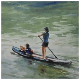 Mom and Daughter Paddle Boarding Watercolor