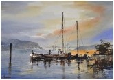Sunset Scene on the Strait Watercolor