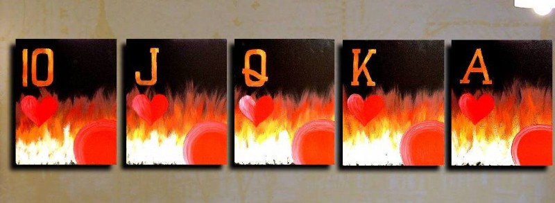 FLAMING ROYAL FLUSH OF HEARTS  - Similar paintings can be re-created upon request. Please contact me for details. Thank you.