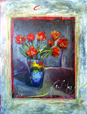 Tulips in a blue glass