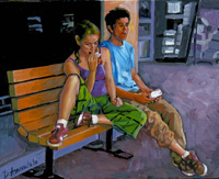 Couple eating a snack on a bench