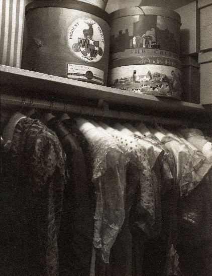 Closet with dress and hat boxes