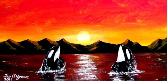 ORCA WHALES AT SUNSET