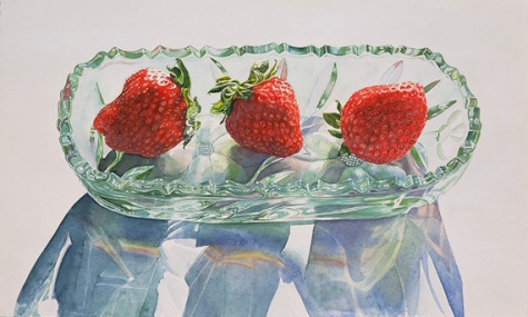 Three Strawberries in Green Glass Boat